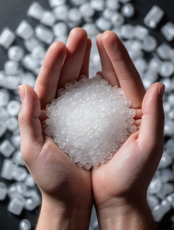 Close Up Hands Holding Plastic Polypropylene Granules. Generative AIの素材