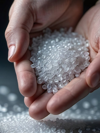 Close Up Hands Holding Plastic Polypropylene Granules. Generative AIの素材
