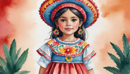 Watercolor Illustration Of Girl In Traditional Mexican Dress Illustration. Generative AIの素材