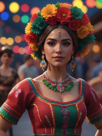 Fictional Female Dancer In Traditional Attire For Cinco De Mayo. Generative AIの素材
