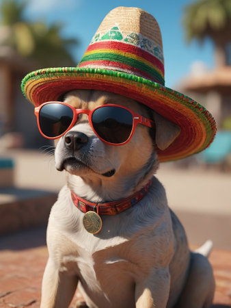 Dog In Mexican Hat And Sunglasses. Generative AIの素材