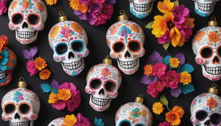 Colorful Dia De Los Muertos Celebration With Skull Ornaments. Generative AIの素材
