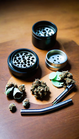 Marijuana Grinder, Lighter, And Joints With Buds. Generative AIの素材