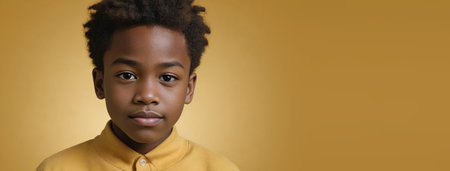 An African American Kinfolk Boy, Isolated On A Yellow Background With Copy Space. Generative AIの素材