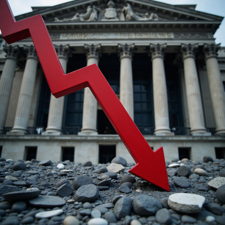 A collapsing bank with falling red arrows symbolizing a financial crisis leading to bankruptcyの素材