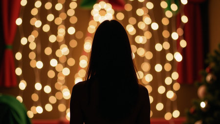 A festive bokeh backdrop evokes a warm Christmas atmosphere with sparkling lights and seasonal detailsの素材