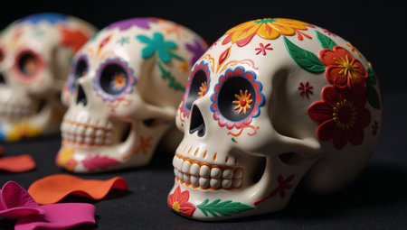 Colorful sugar skulls featuring vibrant floral patterns honor cultural traditions during Dia de los Muertosの素材