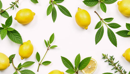 Watercolor Botanical Illustration Lemon  Mint Leaves Fruits and Peppermint on an Isolated White Backgroundの素材