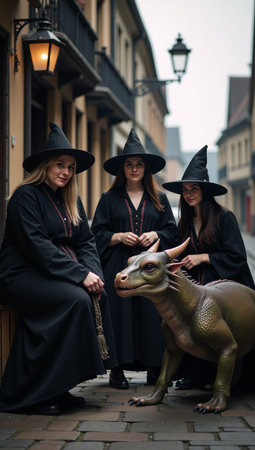 Image showcases vintage witches accompanied by an otherworldly dragon creatureの素材