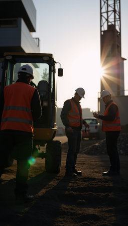 Construction crew silhouette on work-site against glowing fairy lights backdropの素材
