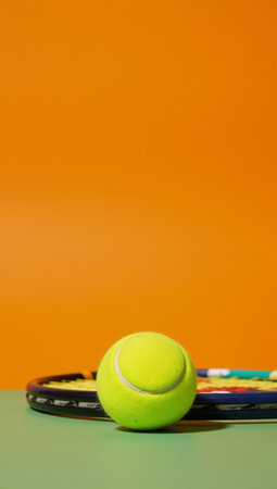 A tennis racket and ball displayed against an orange backdropの素材