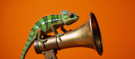 A chameleon sits atop a vintage megaphone against an intense orange backdropの素材