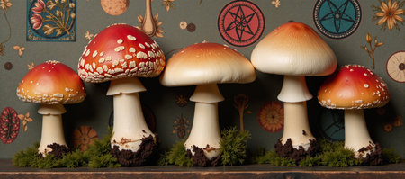 Vintage magic botanical seamless pattern showcases Amanita mushrooms and witchcraft elementsの素材