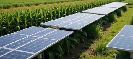Agrivoltaics Integrated Solar Panels and Crops for Renewable Energy Production  Or alternatively Solar Farms with Dual Benefits Power Generation  Crop Shade  These shortened versions retain the core concept of an agrivoltaic system that combines solar power generation with crop cultivation promoting sustainable energy production while providing shade to the cropsの素材