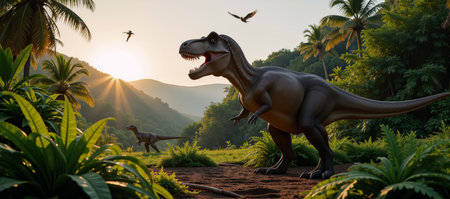 A vibrant jurassic jungle comes alive at dawn as dinosaurs thrive among lush foliage and soaring pterodactylsの素材