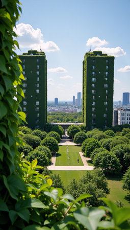 Vibrant cityscape with eco-friendly architecture promoting fresh air and renewable energyの素材