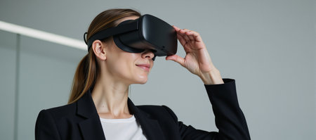 Modern woman enjoys immersive experience with cutting-edge VR and AI technology showcasing optimism and charm in a captivating photoの素材