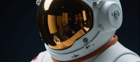 Close-up view of a futuristic astronaut helmet featuring a reflective gold visor amidst intricate metallic details emphasizing the sleek sci-fi aesthetic in an outer space environmentの素材