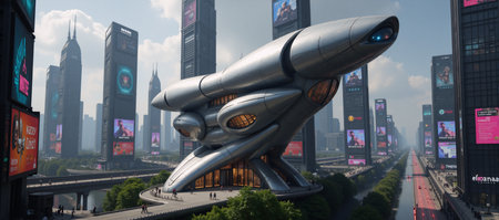 Futuristic cityscape adorned with billboard advertisementsの素材