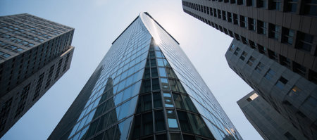 Low-angle shot of sleek curved skyscraper showcasing future architecture with glass windowsの素材
