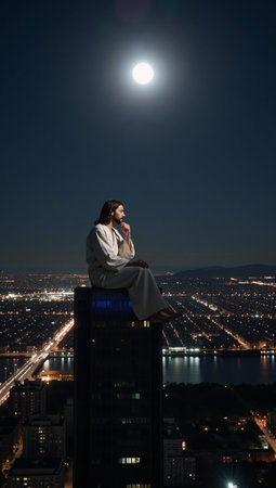 Breathtaking view Jesus on top of a lit-up cityscape gazing from a full moonlit skyscraperの素材