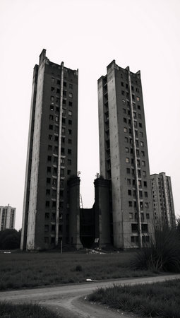A monochrome cityscape shows desolate ruins of towering buildings amidst an empty white landscapeの素材