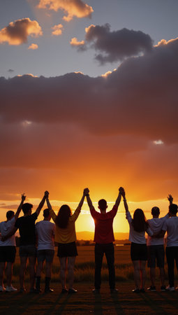 A mass gathering under the setting sun with hands linked and arms raised in jubilant celebration of personal libertyの素材