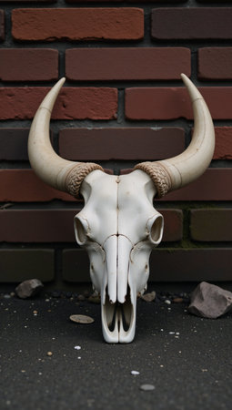 Skull with horns on a grunge-style backdropの素材