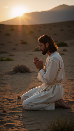 Jesus seeks solace and wisdom in prayer during his time in the wildernessの素材