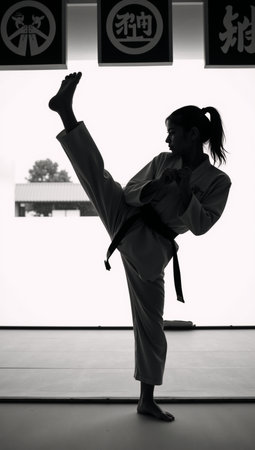 Stylized karate-inspired silhouette portrait showcasing an empowered female figure in actionの素材