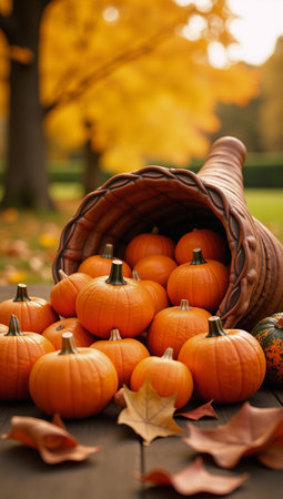A cornucopia brimming with pumpkins surrounded by autumn foliage under sunlit warmthの素材