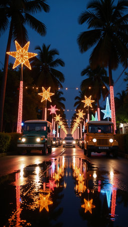 Vibrant Parol-adorned streets with glowing lanterns and palm trees evoke tropical Philippine Christmasesの素材