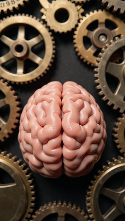 Brain immersed within mechanical machinery network evoking intricacyの素材