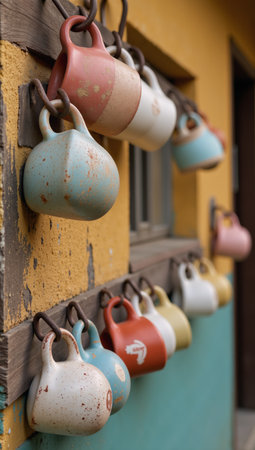 Rustic ceramic mug collection displayed on a colorful weathered wall in vintage styleの素材