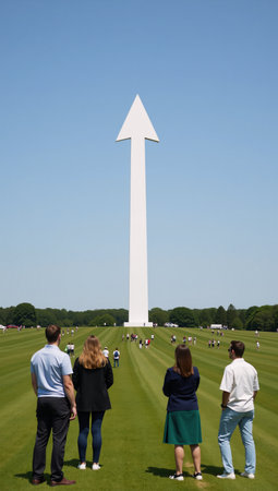 A reversed white arrow pointing away from a group of blue individualsの素材