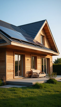 Solar-powered homes Clean affordable living in blue  orange tonesの素材