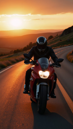 A man rides his motorcycle along a road during a sunset backdropの素材