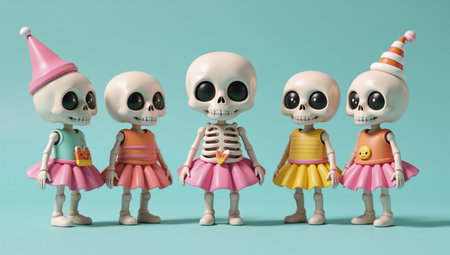 A kawaii-style minimalist 3D render showcasing adorable pastel-hued skeleton costumes for Halloweenの素材