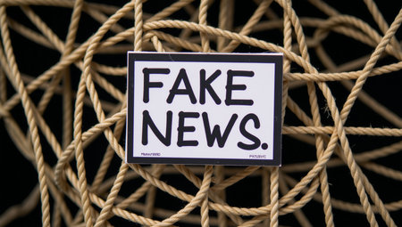 A fake news sign is entangled within a web of thin ropes symbolizing media manipulation and information distortionの素材
