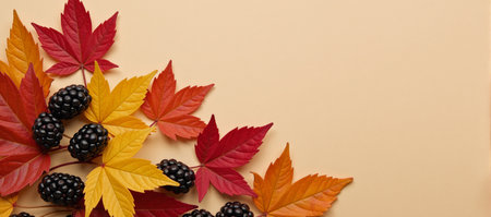 Autumn leaves  berries displayed against a beige backdrop featuring a Hello Autumn messageの素材