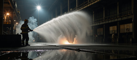 Dramatic lighting highlights an intense industrial emergency scene using high-pressure water jetsの素材