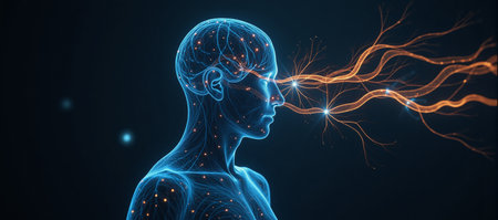 A human silhouette with glowing neural connections represents cognitive expansion and mental creativity through cortical microcircuitry and auditory pathway stimulation brainwave entrainmentの素材
