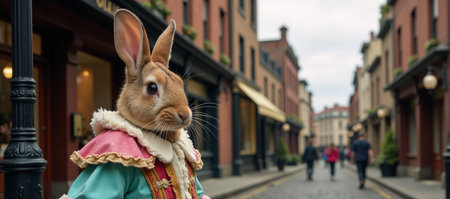 A charming bunny suit adorns an enchanting 3D render in a Victorian-era settingの素材