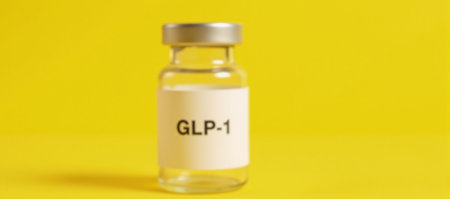 a labeled vial glp-1 against a yellow background symbolizing medicationtreatment for GLP-1 therapyの素材