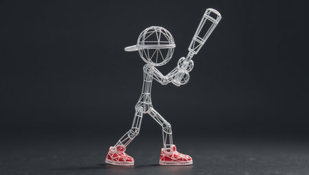 Wireframe stick figure wearing a baseball cap red sneakers holding a bat against a blurry field backdropの素材
