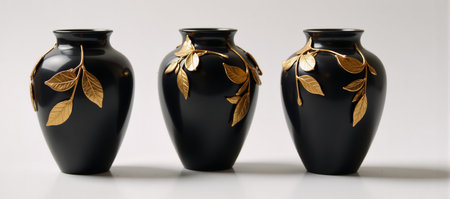Black-and-gold vases adorned with golden leavesの素材