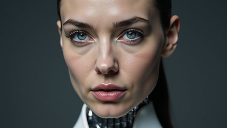 Futuristic digital image showcases robot woman with detailed metallic featuresの素材