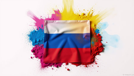 Russian flag design with Holi-inspired color powder explosion on a clean white backdrop Travel  Tourism Conceptの素材