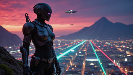 Retro 80s sci-fi background features a futuristic laser grid landscape in a digital cyberpunk style of the 1980s Photoの素材