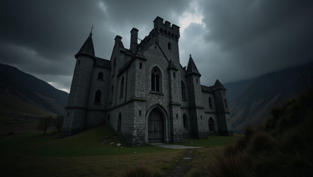 A dark ominous castle sits forbiddingly in a hauntingly desolate valley with an eerie hellish ambianceの素材